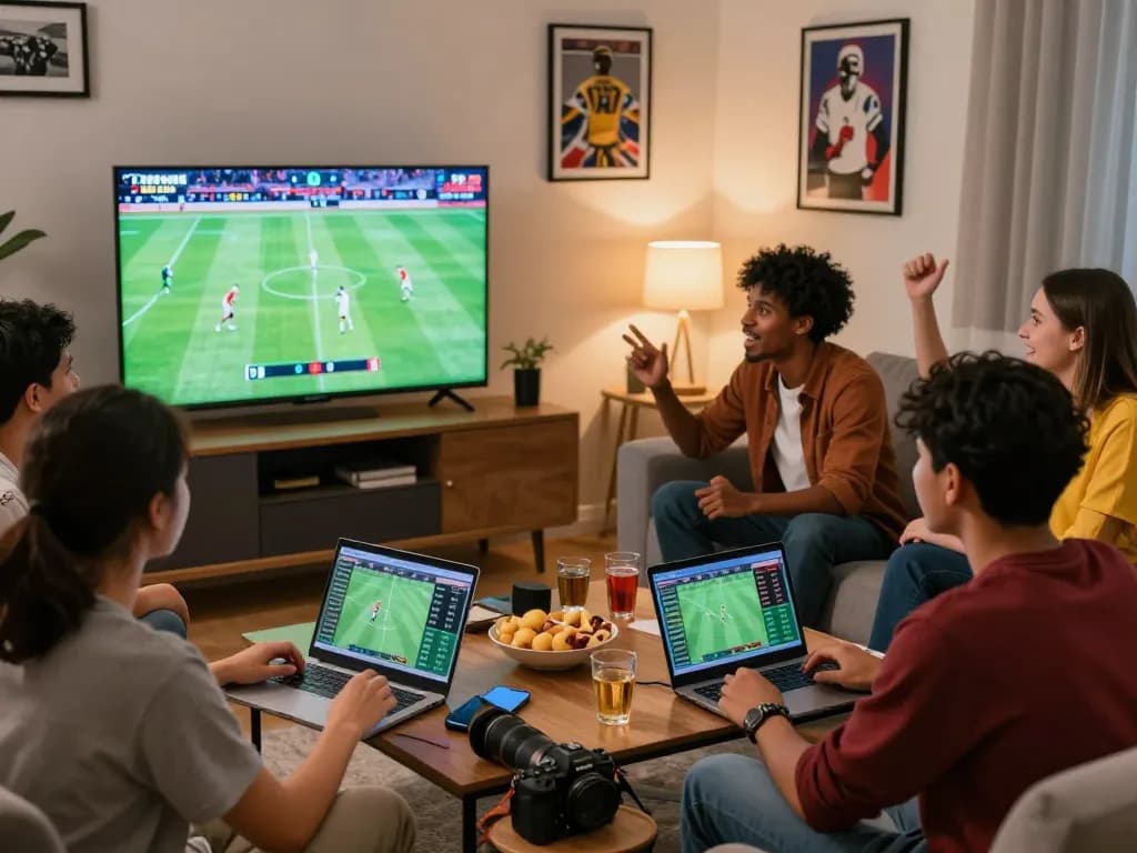 Friends excitedly engaging with kèo nhà cái and live football matches in a cozy modern living room.
