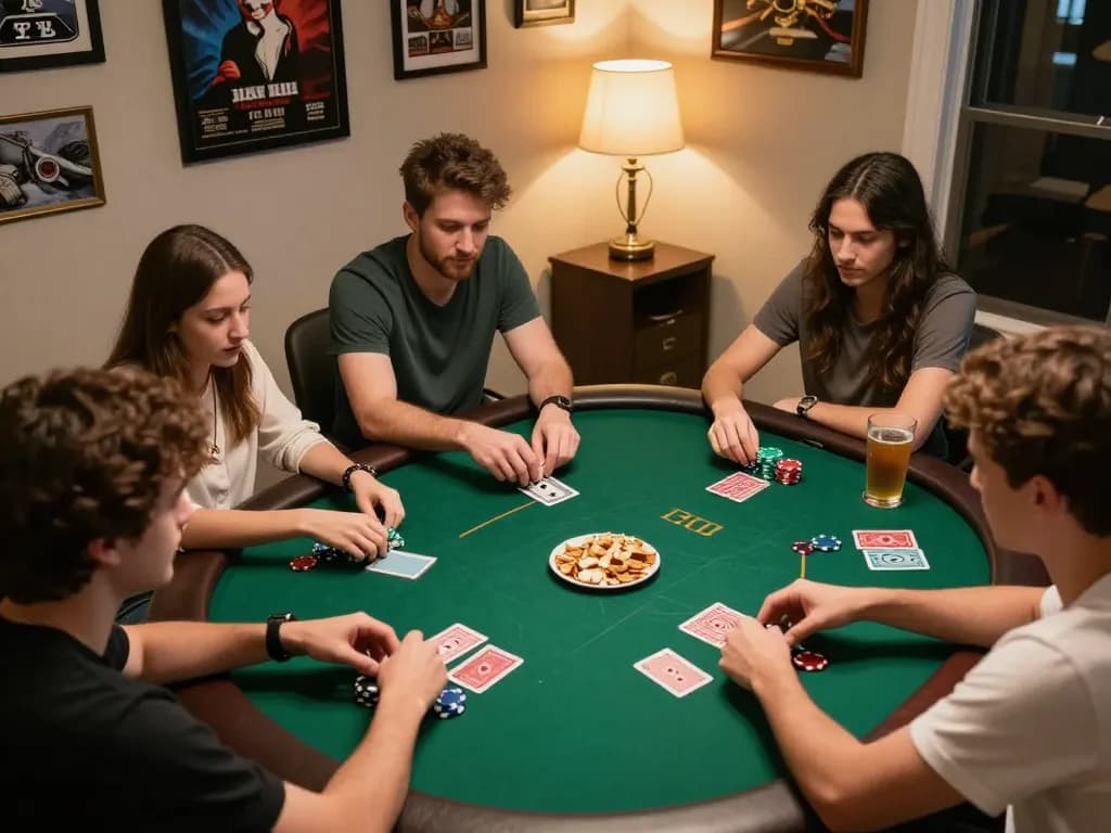Crosstonerestaurant showcases friends enjoying a poker night, intense gameplay with cards and chips on the table.