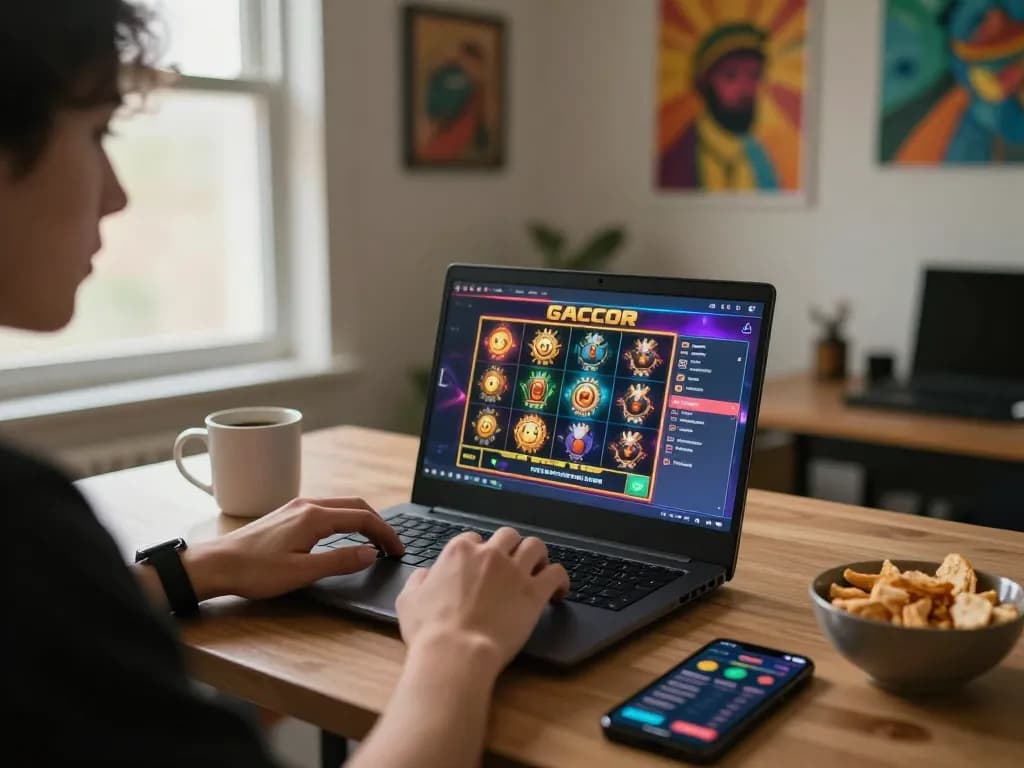 Engaged user exploring slot gacor gameplay on laptop, showcasing vibrant interface and cozy home atmosphere