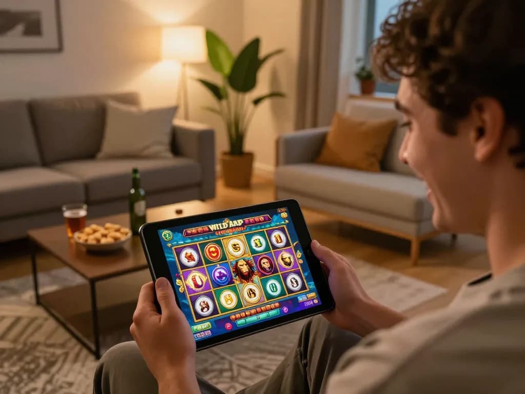 Engaging gameplay on Wild Ape, a bandar situs slot gacor, showing slots on tablet screen in cozy living room