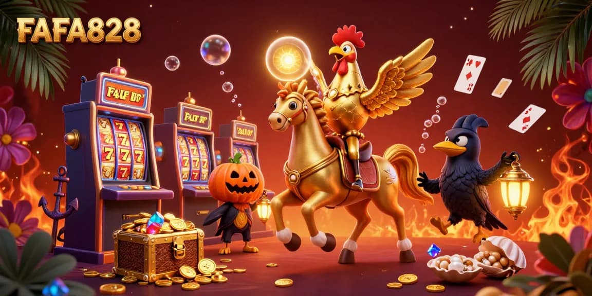 Experience the thrilling FAFA828 universe as a golden rooster and spectral horse navigate a lively casino scene.