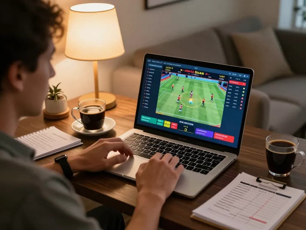 Engaged player betting on con gà đen in a cozy home setting with laptop showing live footage.