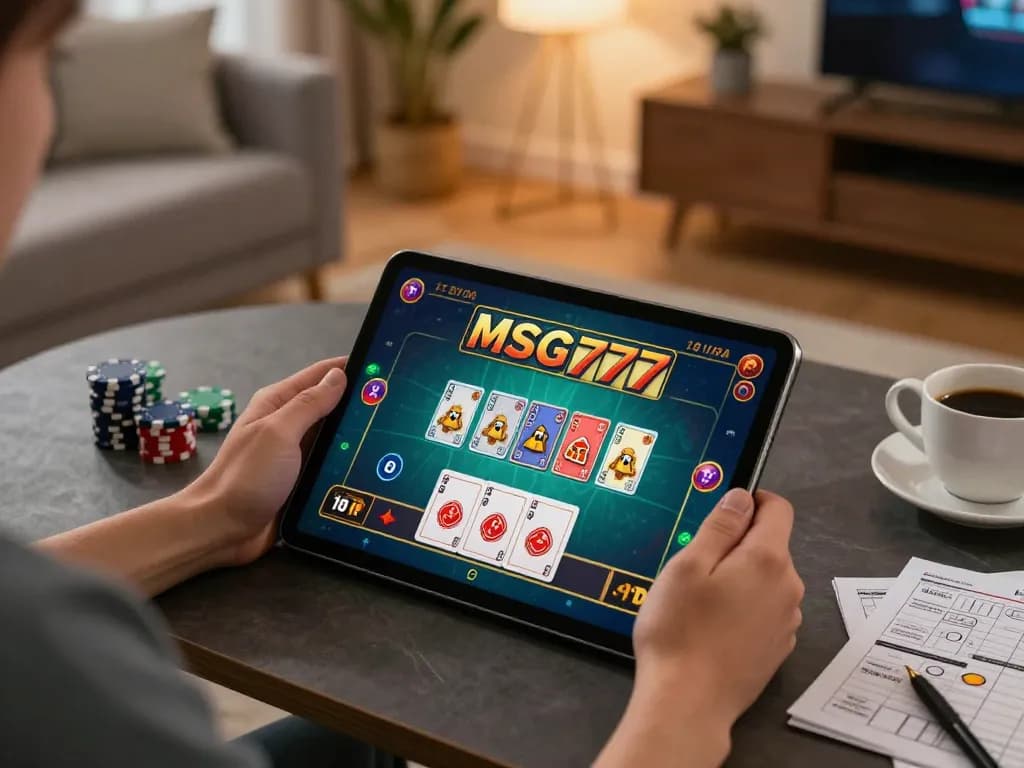Engaging in MSG777 online gaming, showcasing a tablet with cards and chips in a cozy home environment.