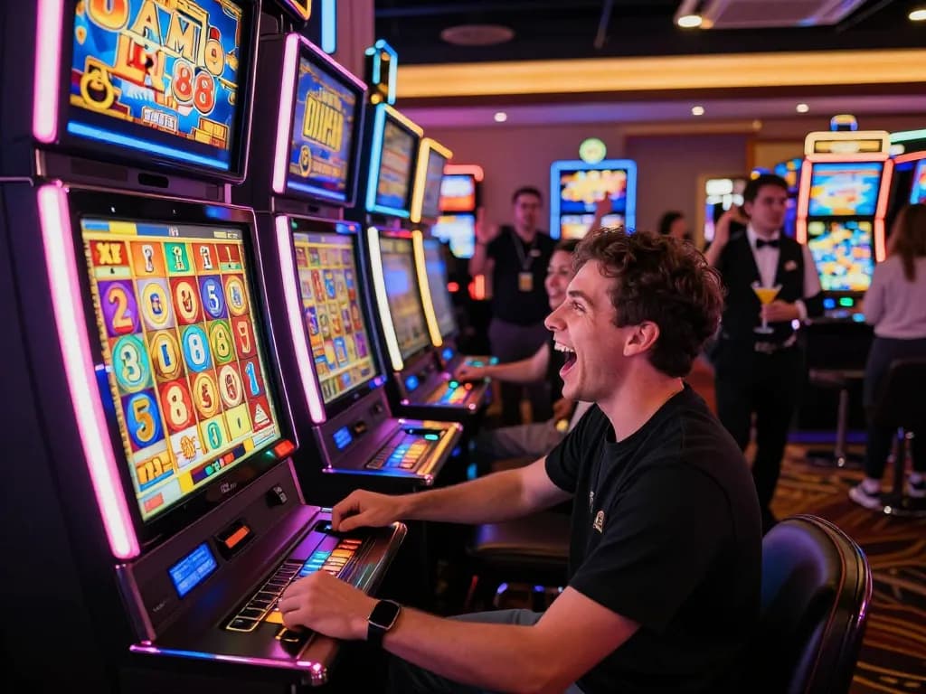 Player enjoying the Lucky 88 slot machine in a vibrant casino, capturing the thrill and excitement of winning.
