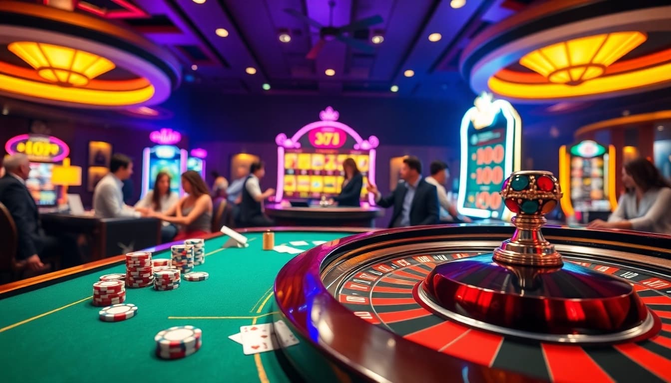 Players excitedly gamble at the qh88 casino table, showcasing chips and cards in a vibrant atmosphere.