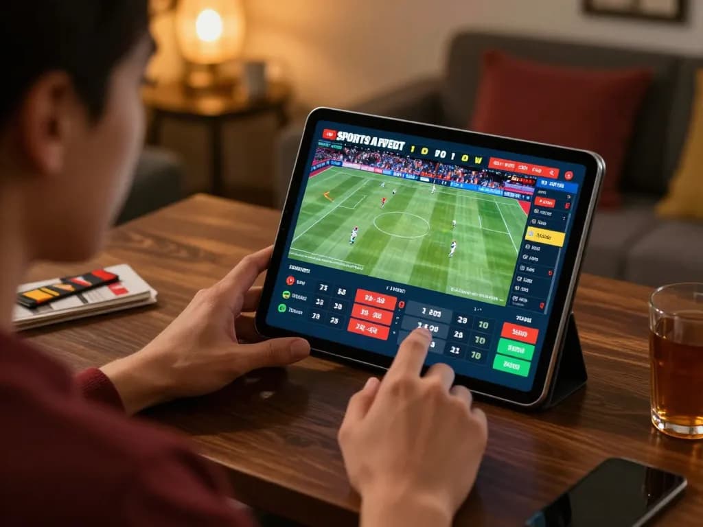 Engaging online sports betting experience with 388bet on tablet amidst lively home atmosphere