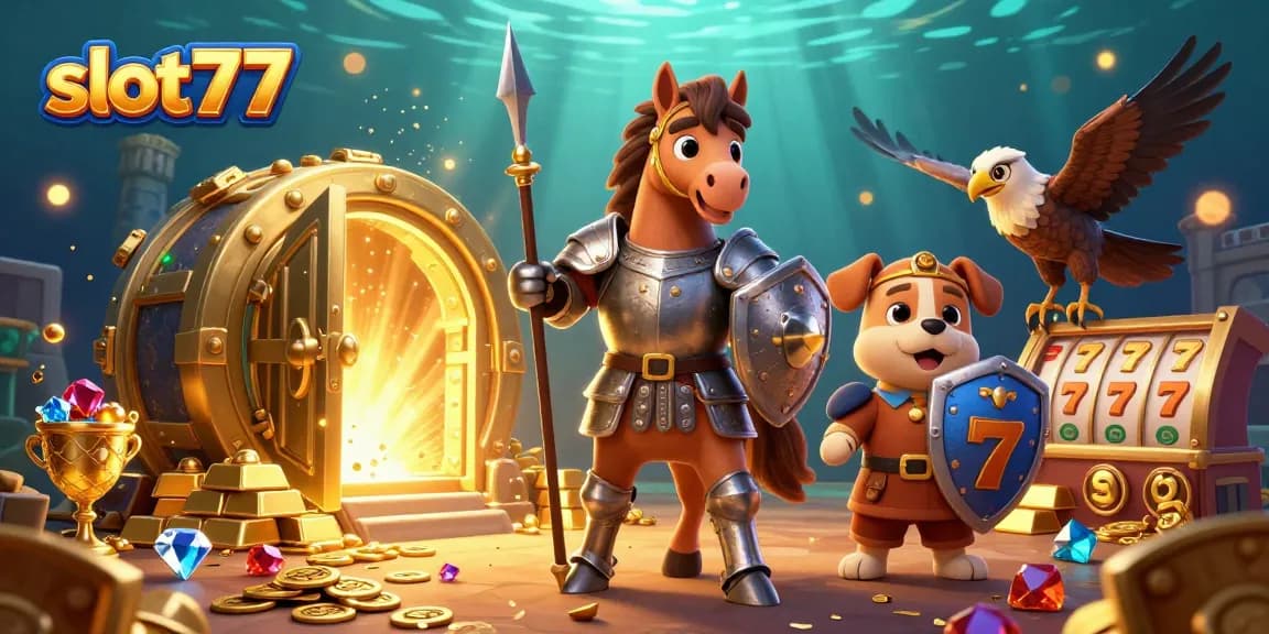 Experience big wins and jackpots with slot77 in this vibrant casino-themed illustration.