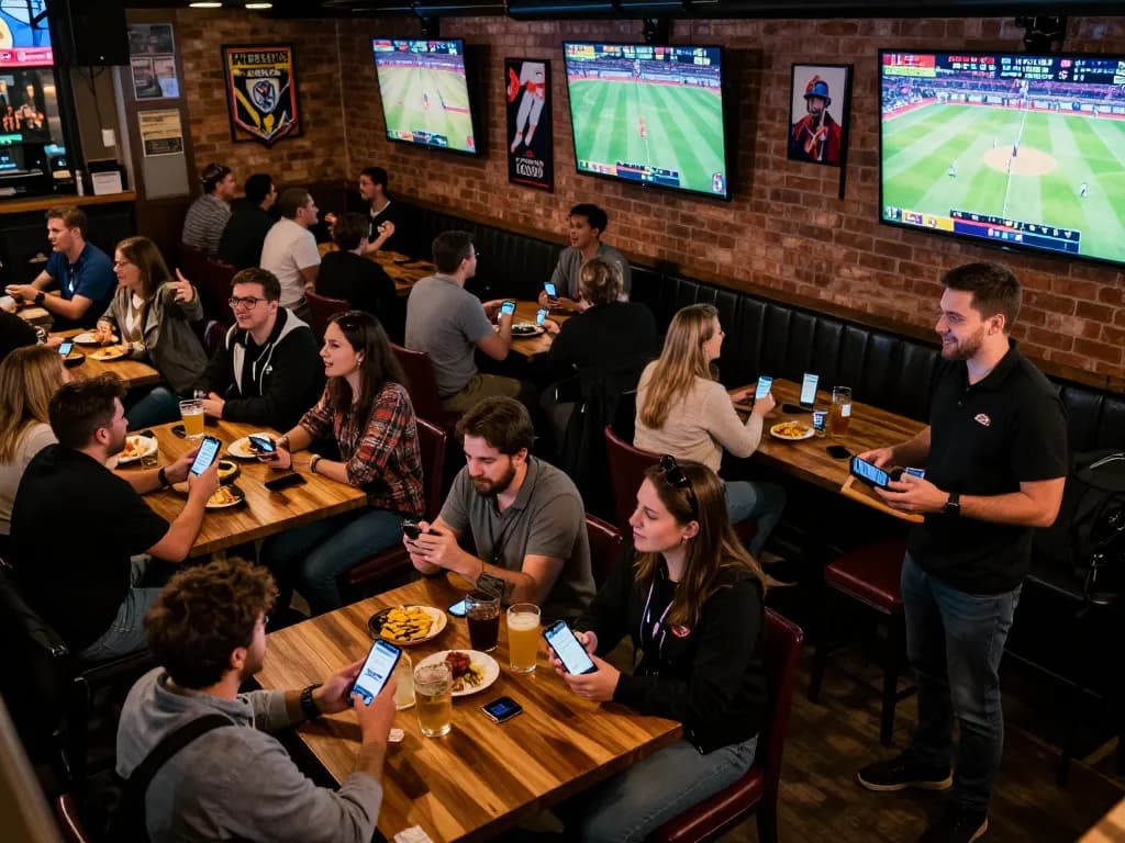 Engaging sports fans betting on matches live at UU88 in a vibrant sports bar atmosphere.