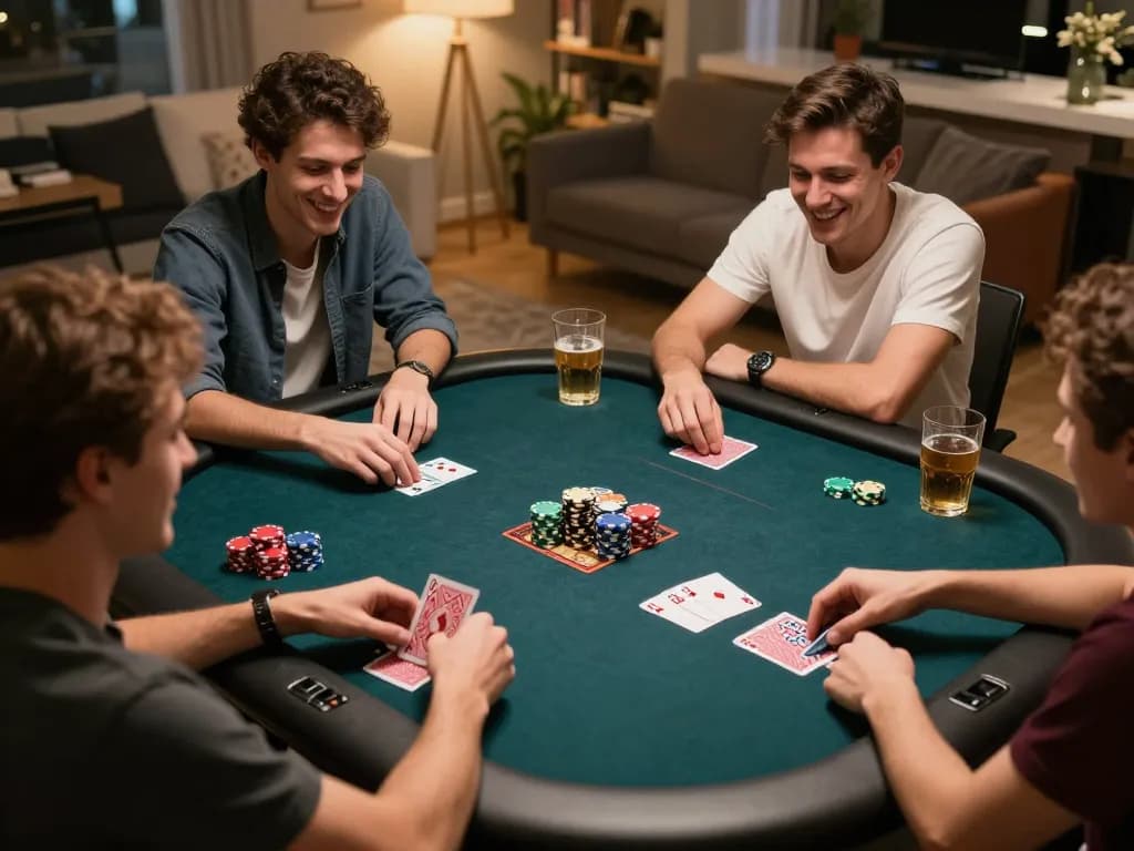 Friends enjoying a lively poker game at home with Jun88, showcasing excitement and social interaction