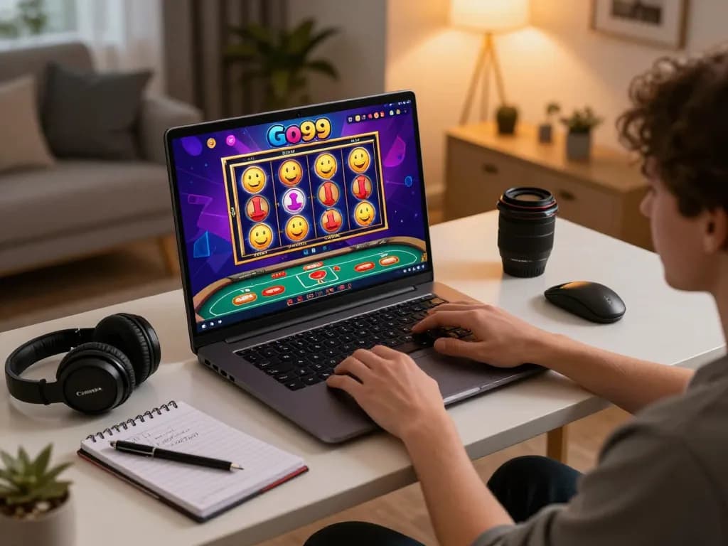 Engaging user explores Go99's online casino games in a modern home setup, blending gaming excitement with strategy.