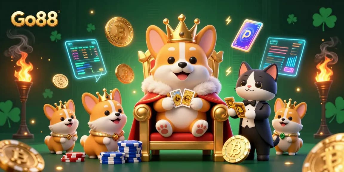 Join the Go88 casino adventure with an exciting throne of poker chips featuring crypto coins, royal corgi characters, and dazzling game elements.