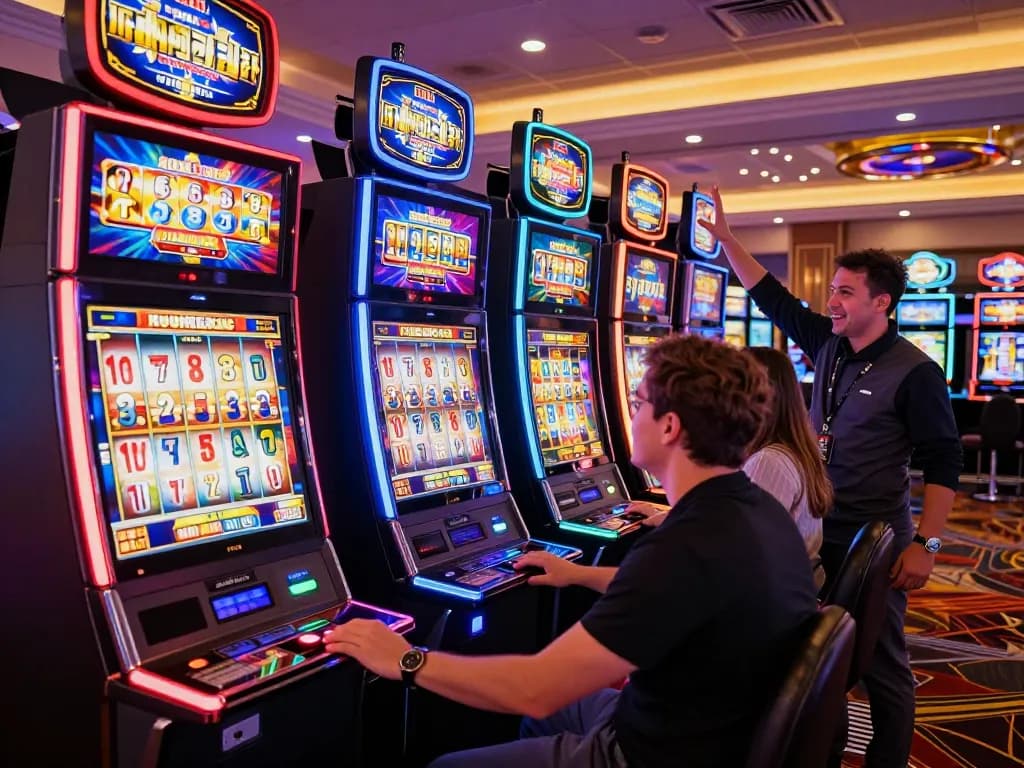 Engaged players enjoying thrilling link slot machines in a vibrant casino setting.