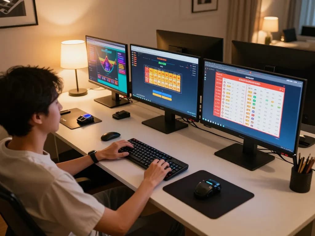 Terlibat dalam taruhan situs togel di rumah dengan pengaturan modern, beberapa layar ditampilkan