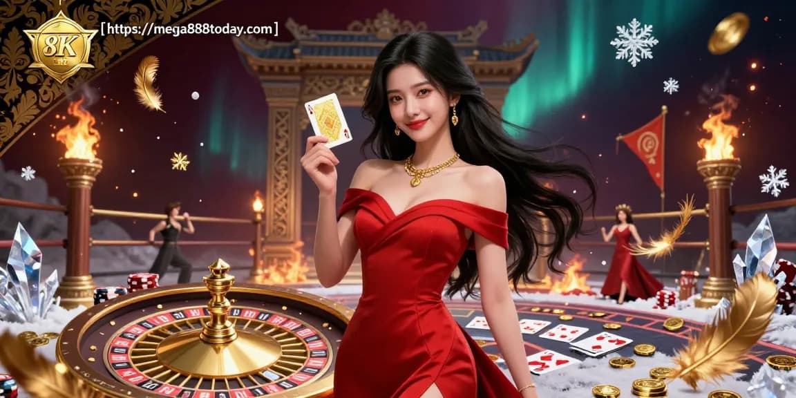Experience thrilling gaming action with Mega888 today at https://mega888today.com with vibrant casino illustration featuring roulette and cards.