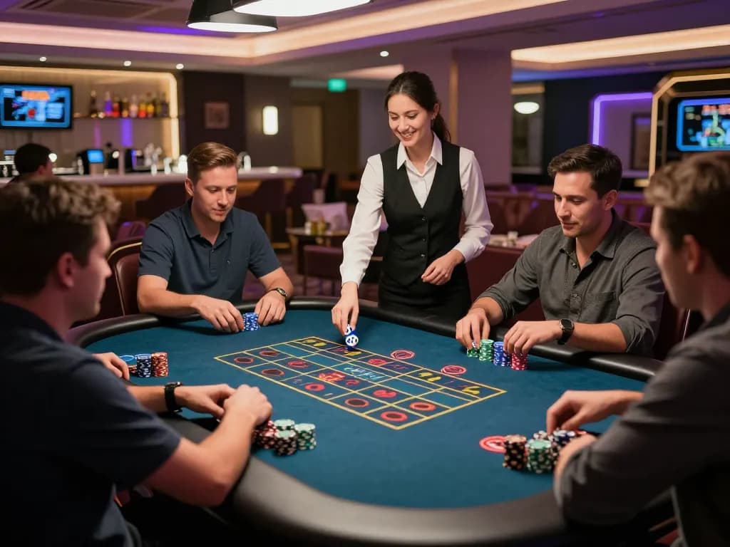 Tài Xỉu players engrossed in a lively dice game, vibrant casino atmosphere full of excitement.
