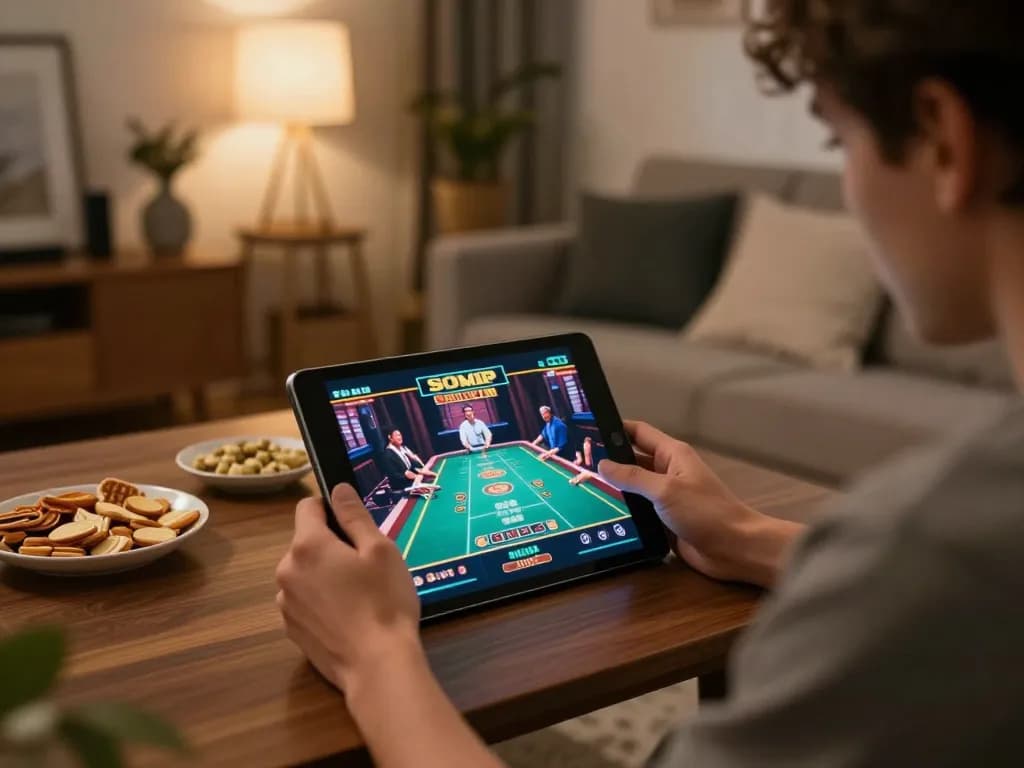 Register for a thrilling online gaming experience, engaging with live casino games on a tablet in a cozy setting