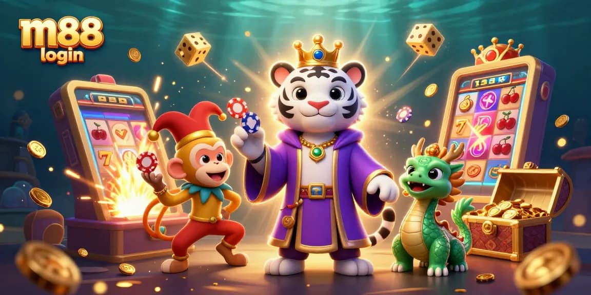 Experience thrilling m88 login moments with the dynamic tiger, monkey, and dragon in a vibrant casino scene.