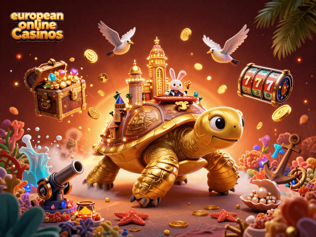 Play and win at european online casinos with a golden tortoise casino, rabbit dealer, and treasure galore.