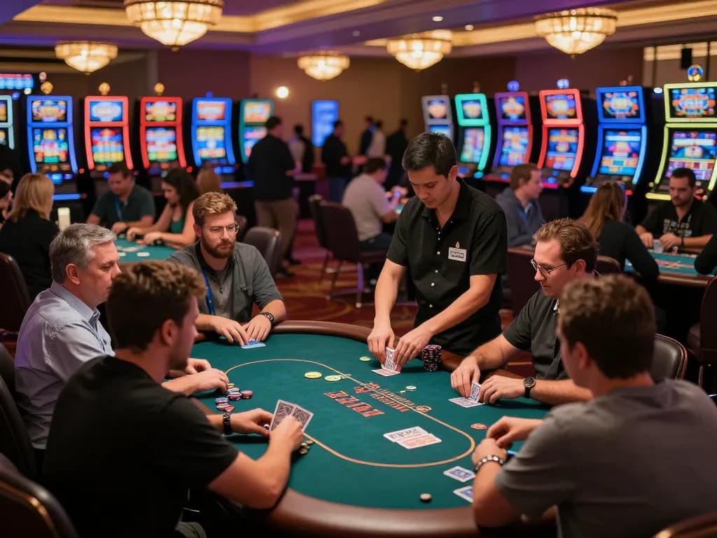 Players strategizing at F8BET poker tables, vibrant casino atmosphere with professional dealers.