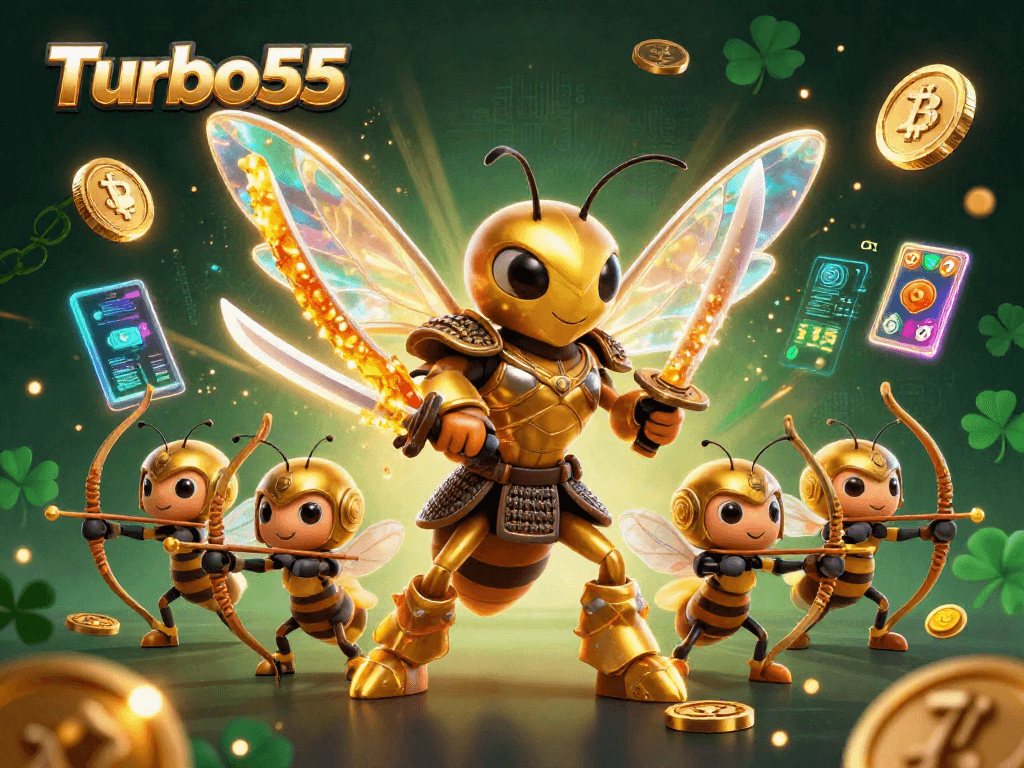 Engage with Turbo55 in this vibrant 3D casino illustration featuring a golden hornet samurai and crypto elements.