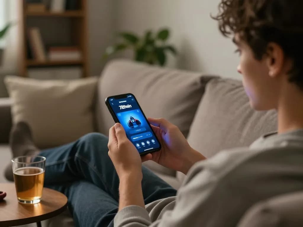 Using the 789win app on a smartphone during a cozy home gaming session with warm ambiance.