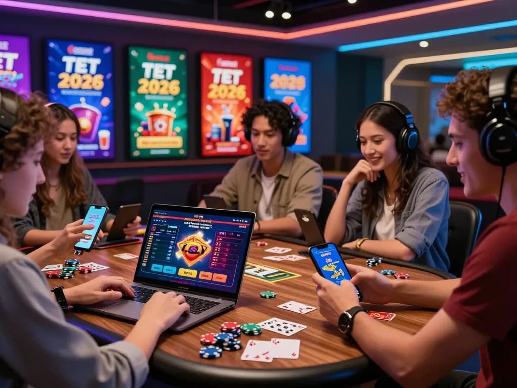 Friends enjoying gaming on UU88 platform with vibrant Tet 2026 promotions.