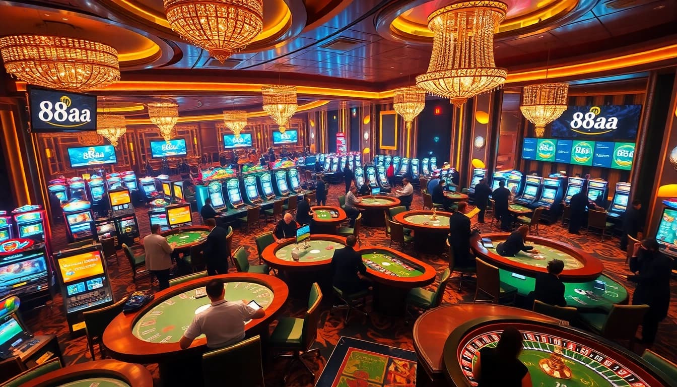 88aa offers an exciting casino experience with players enjoying vibrant gaming activities at luxurious tables.