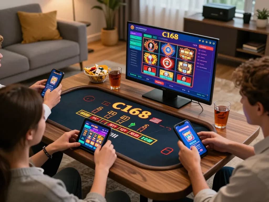 C168 players engaged in exciting online casino gaming at home using mobile devices