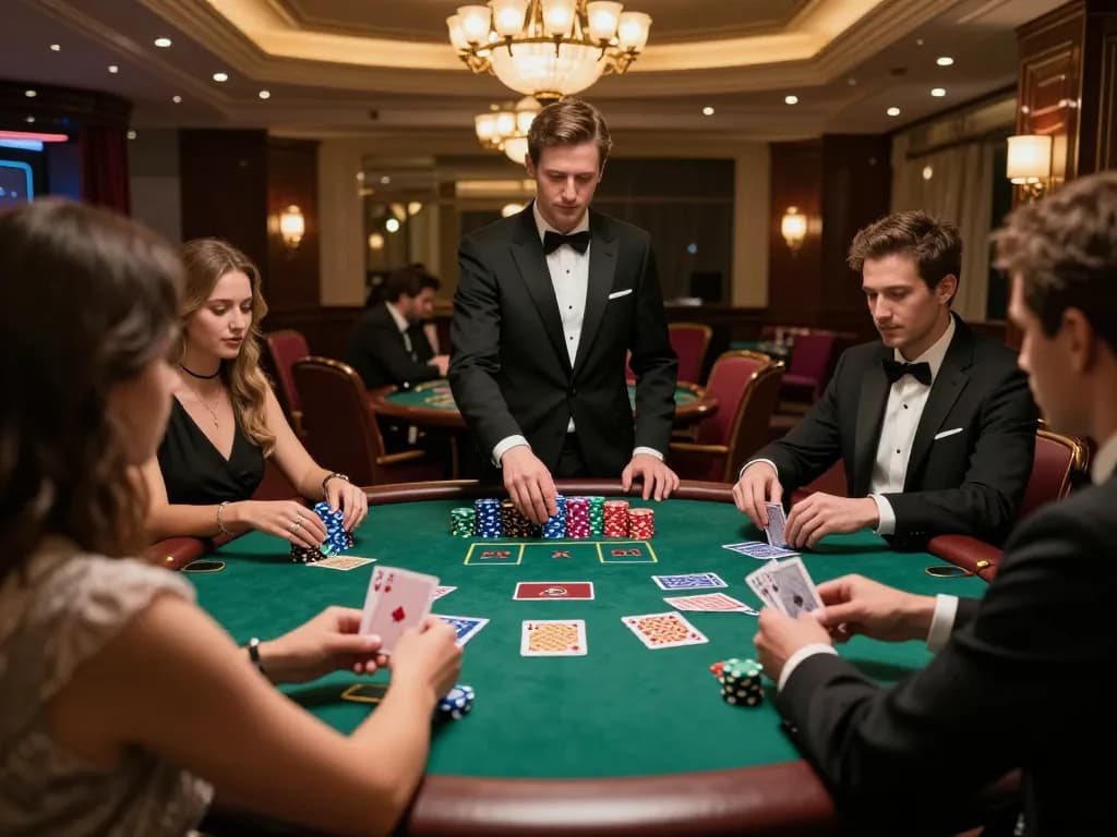 Players engaging in an intense kdslot blackjack game with chips and cards in a luxury casino.