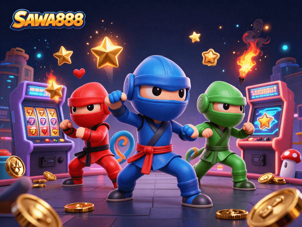 SAWA888's chameleon ninjas showcase thrilling martial arts moves amidst glowing slot reels and festive casino elements.