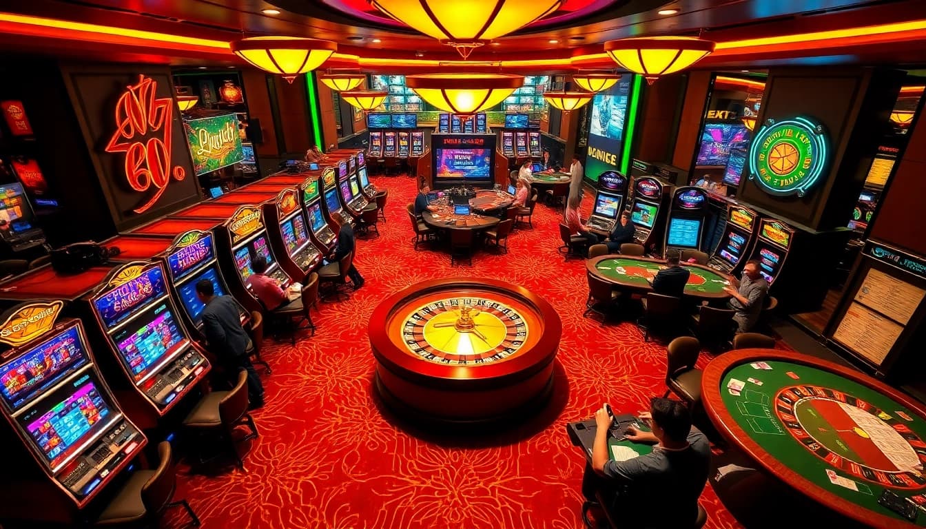 Join the excitement at juragan77's vibrant casino floor filled with slots, poker tables, and roulette action.