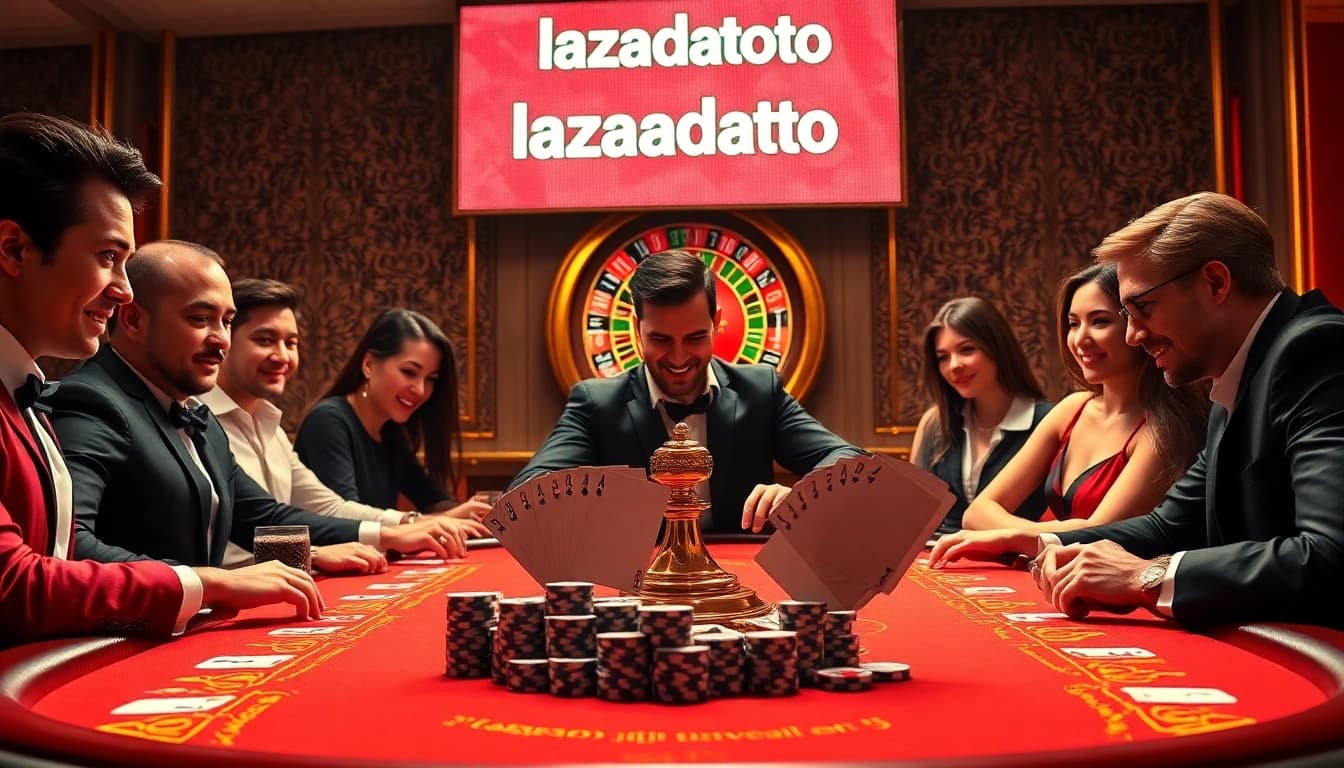 Lazadatoto gaming experience with an elegant casino poker table and vibrant roulette wheel.