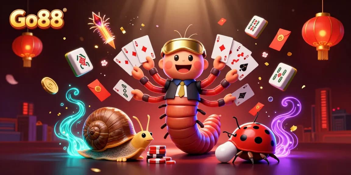 Experience thrilling gameplay at Go88 with a lively 3D casino scene featuring playful characters and vibrant game elements.