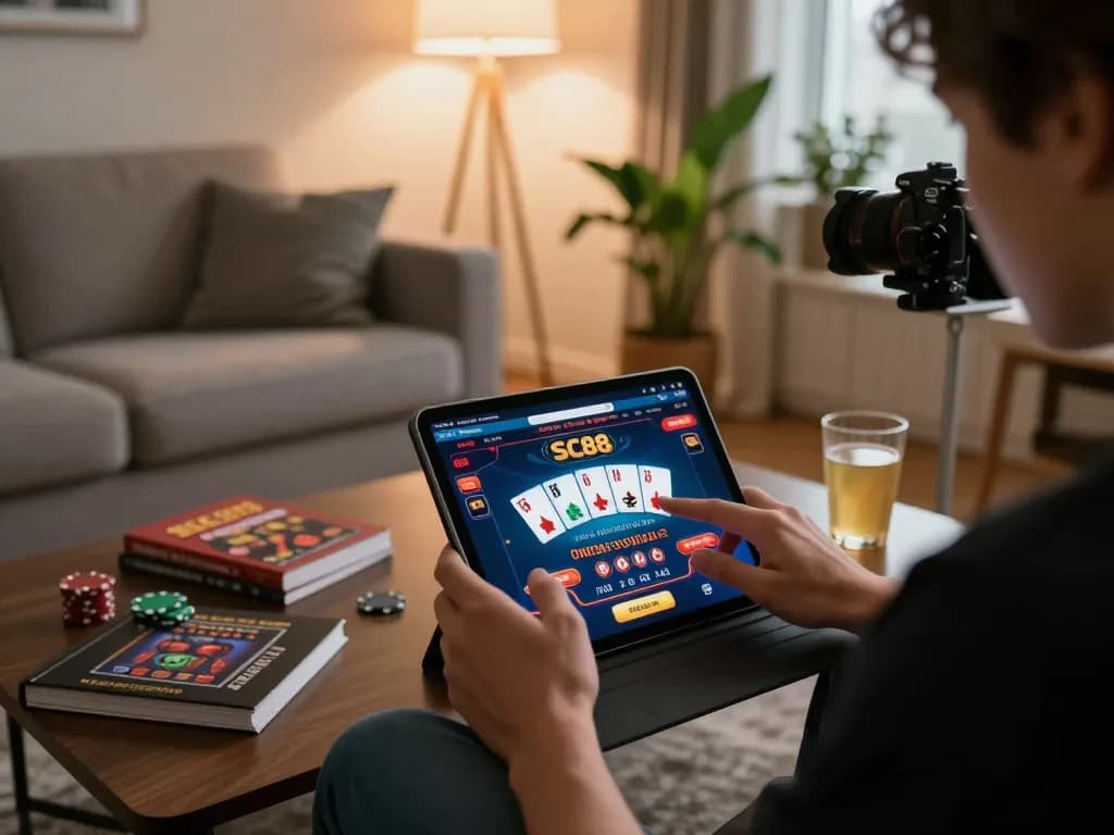Engaging in betting strategies on the SC88 casino app while relaxing at home, highlighting online gaming.