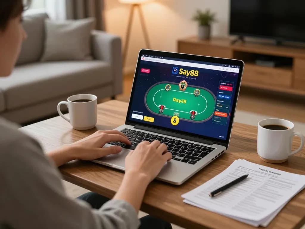 Engaged player using Say88 on a laptop in a cozy living room setup for online gambling.