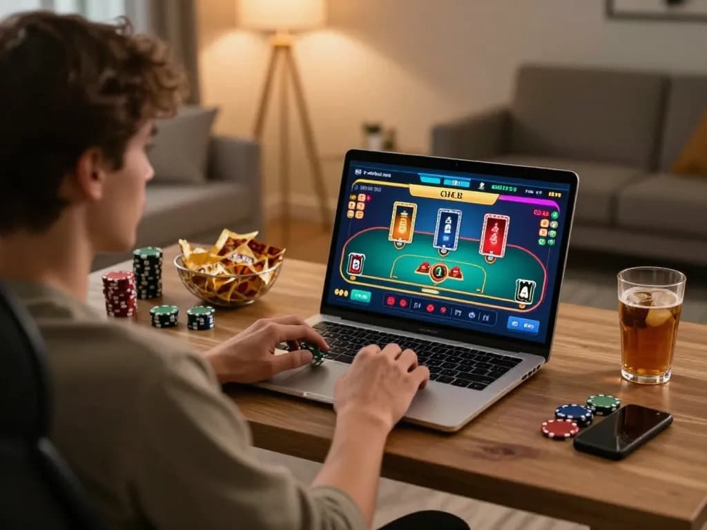 Engaging in online poker at home with tt88 nohu interface on laptop, showcasing interactive betting.
