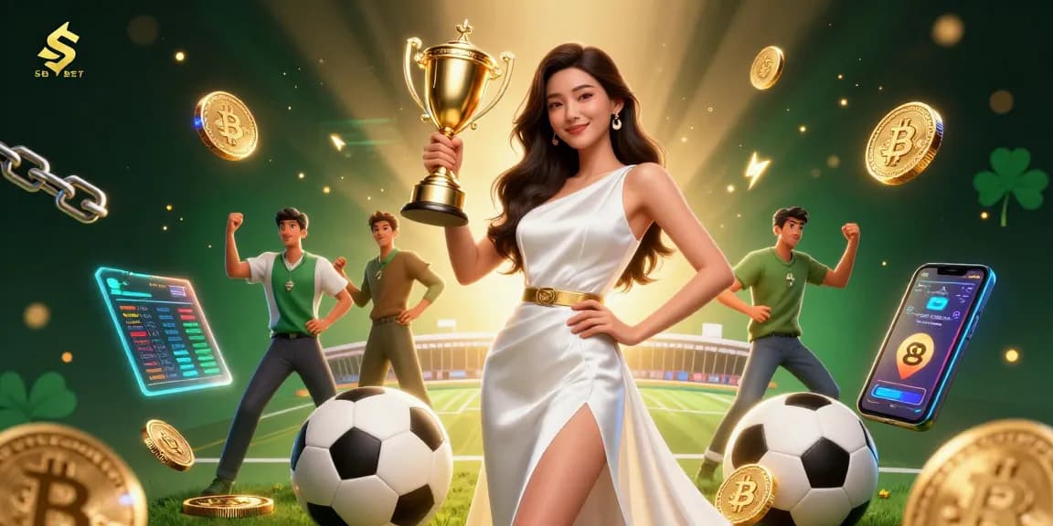 SBOBET sports betting scene featuring a confident woman with a trophy and digital coin elements.
