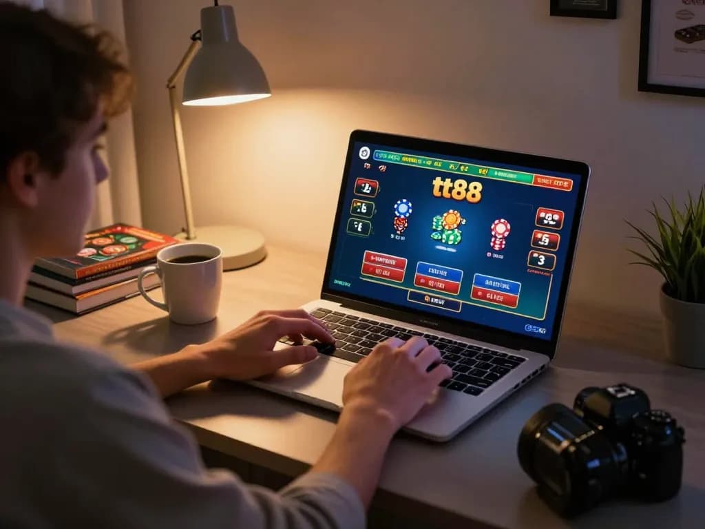 Engaged player enjoying tt88 online casino experience with poker interface and strategic notes.