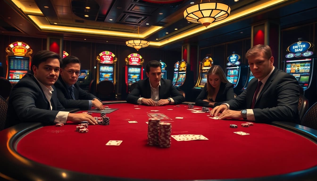 Experience high-stakes gaming at j88 com with intense player action around a luxurious poker table.