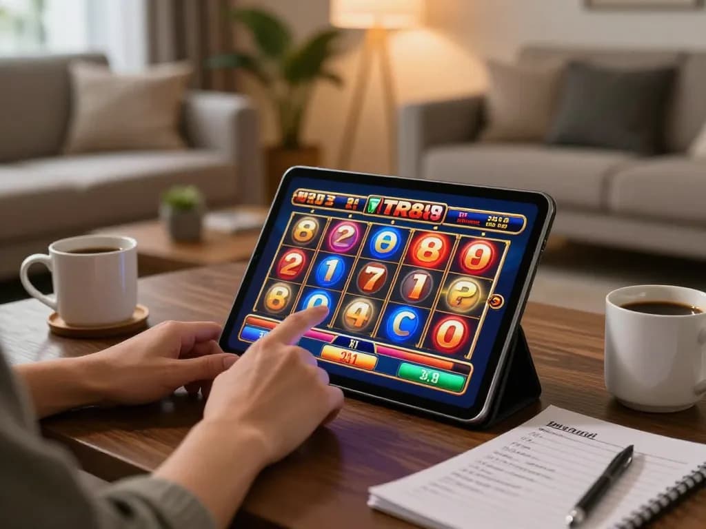 Player engaging in TR88 slots on a tablet in a cozy home setting, showcasing the excitement of online gambling.
