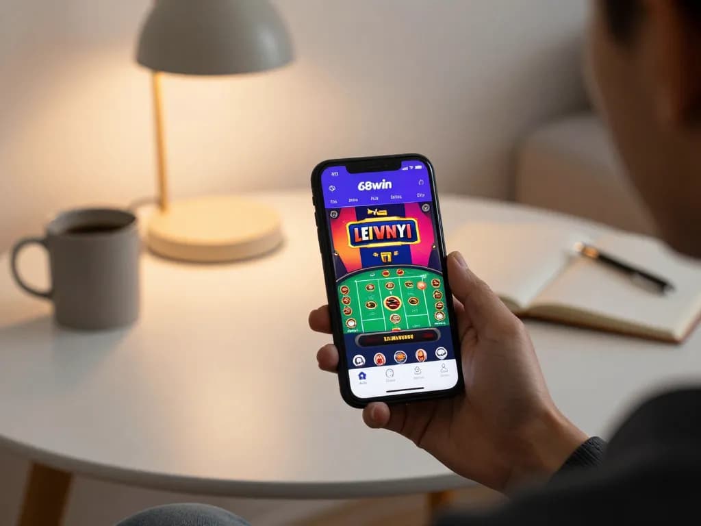 Engaging with the 68win app on smartphone while enjoying online gambling in a cozy home.