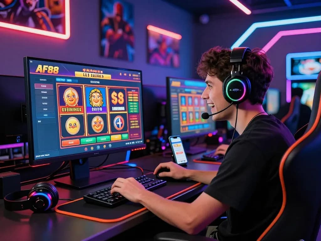 Engaged player enjoying the vibrant AF88 com online casino experience with colorful games and dynamic lighting.