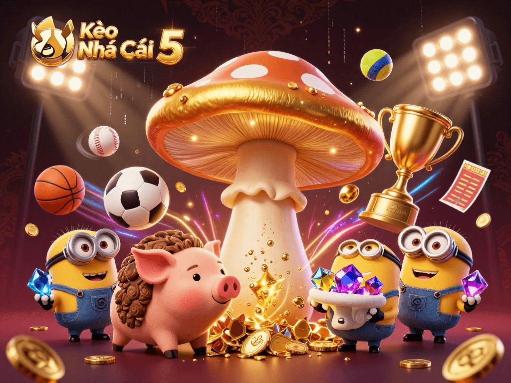 Kèo Nhà Cái 5 showcases a magical scene with sports elements and treasures in dynamic motion.