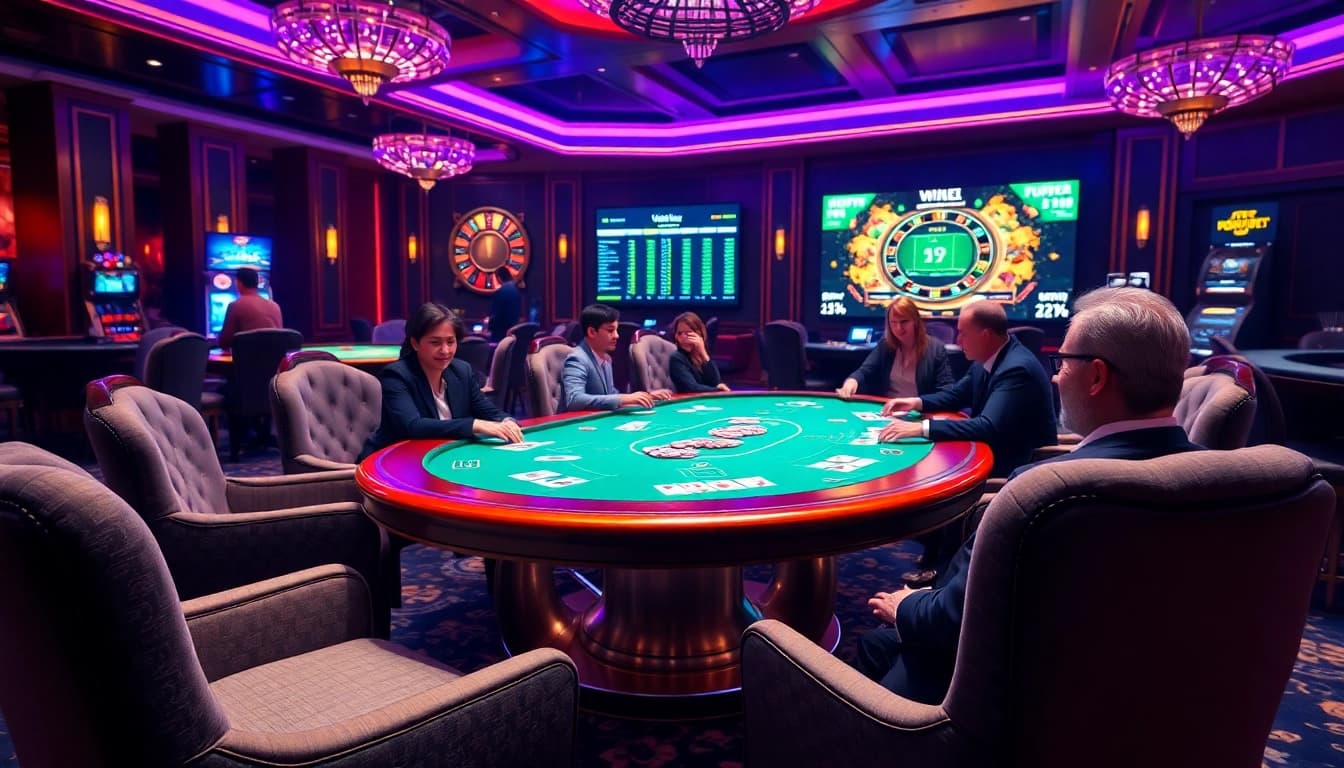 Players enjoying poker at an i9bet casino table with vibrant decor and gambling excitement.