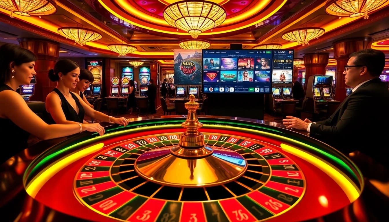 Engaging scene at luck8 com casino, showcasing players enjoying roulette and slots in a vibrant setting.