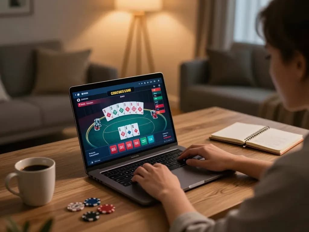 Engaging in Canada online casinos with strategic poker gameplay at a stylish home office setup.