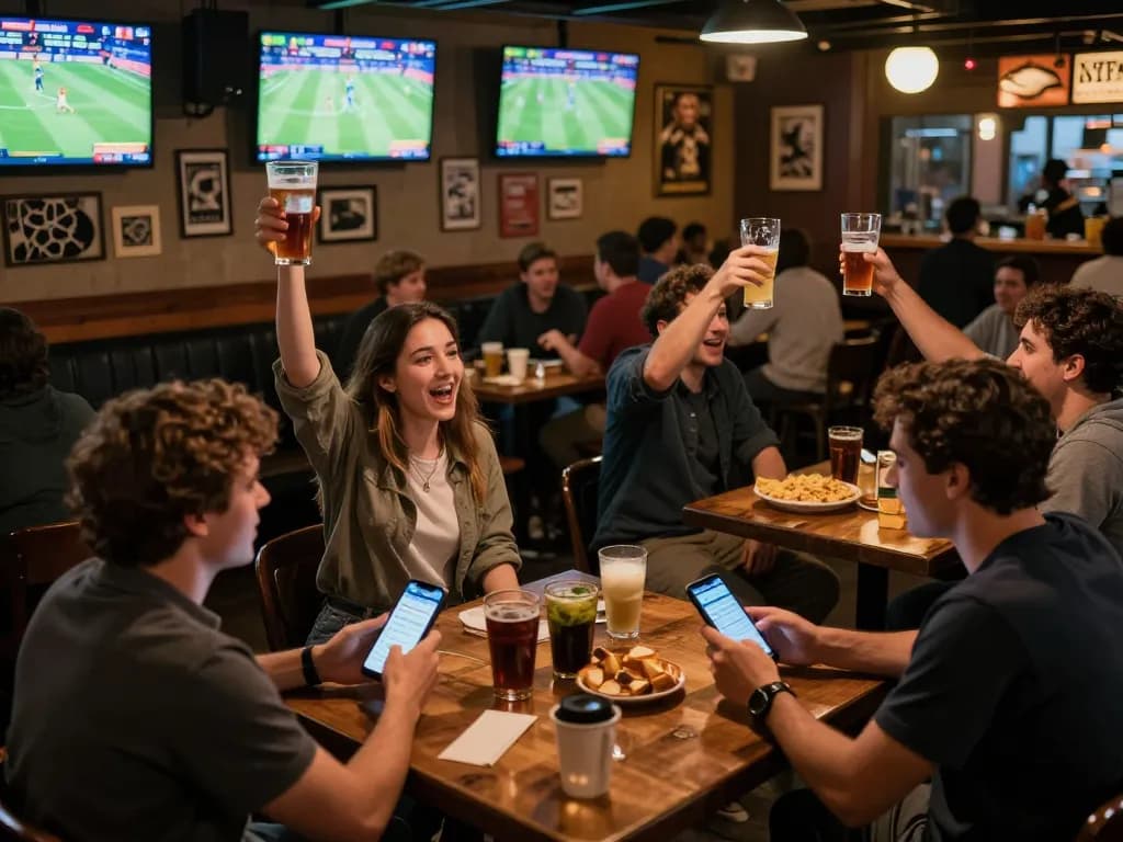 Excited sports fans engaged in tỷ lệ cá cược bóng đá at a lively sports bar, placing bets and cheering.