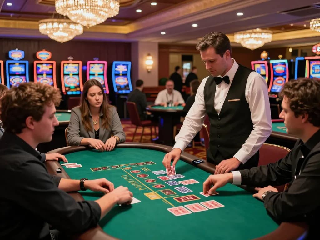 Experience sbobet at the blackjack table, with players betting and dealers dealing cards in a lively casino atmosphere.