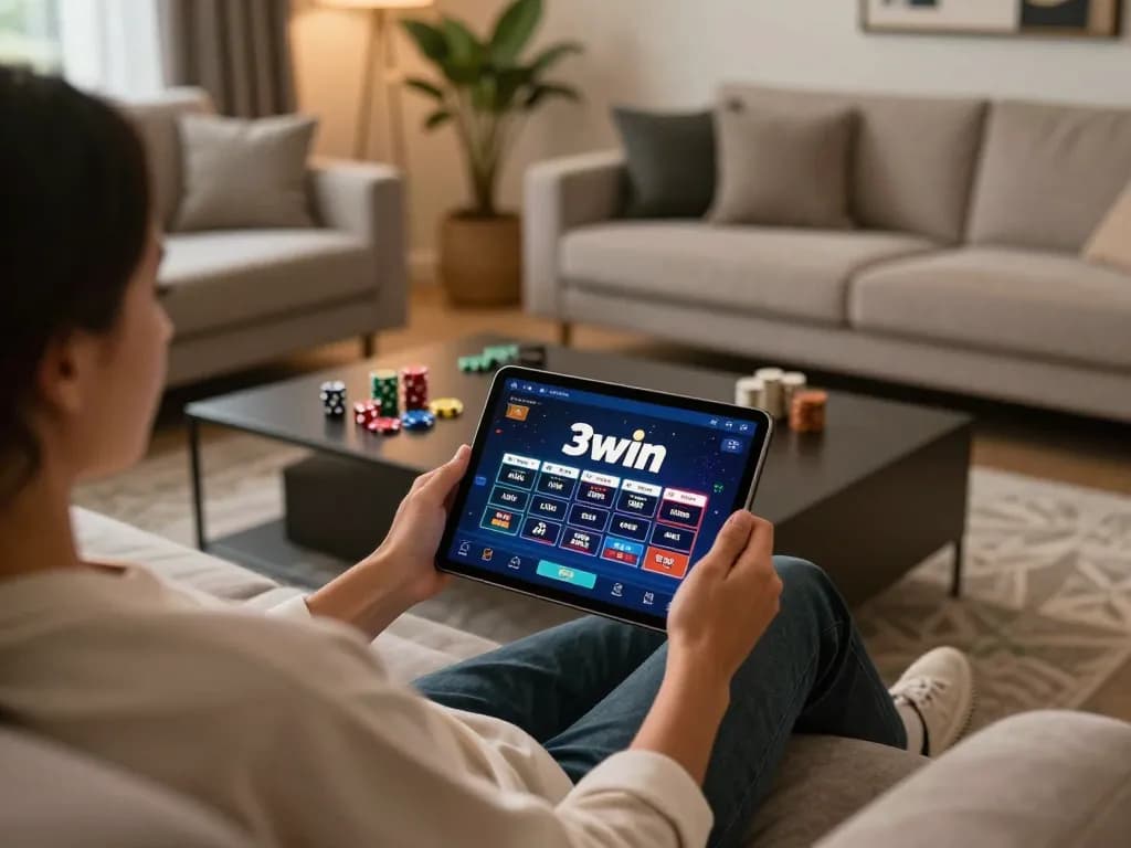 Player enjoying 3win online gaming experience on tablet in cozy living room setting