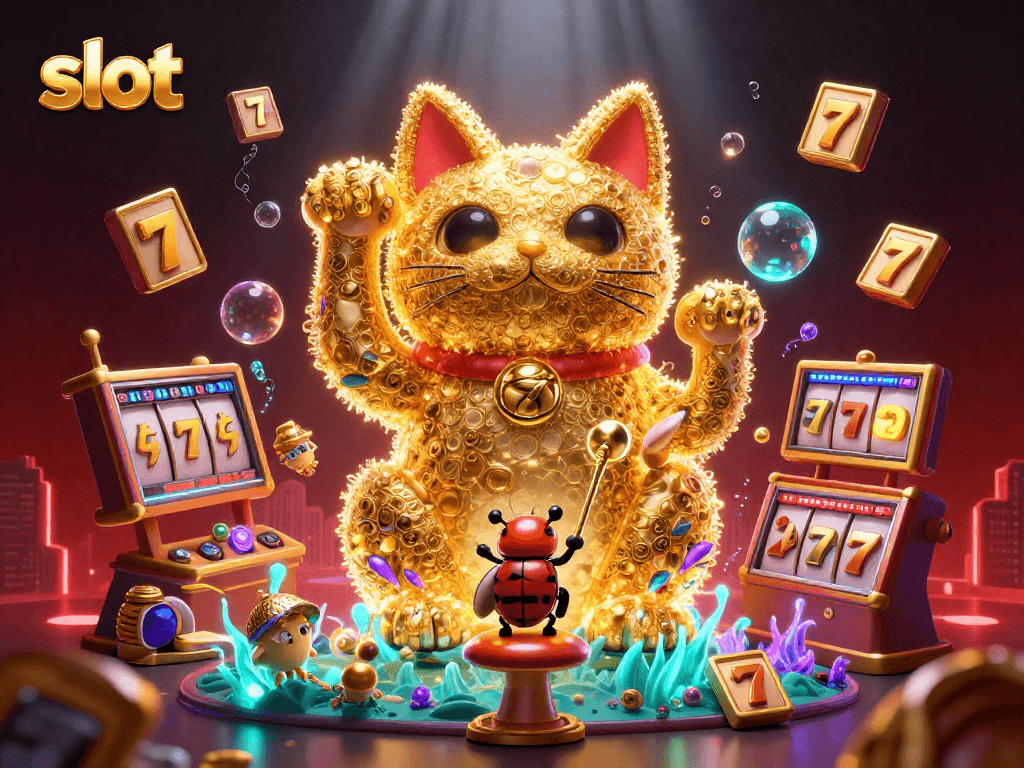 Engage with the vibrant slot scene featuring a lucky cat and various slot symbols.